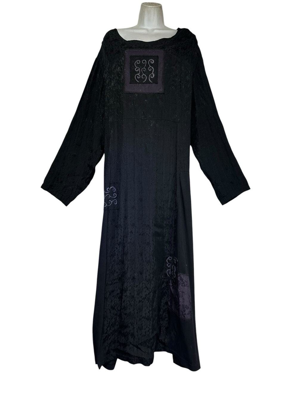 Vintage On the Rocks California Black Embroidered Patchwork Boho Maxi Dress OS